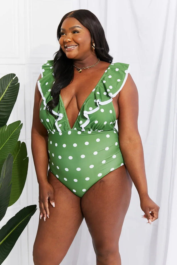 Marina West Swim Moonlit Dip Ruffle Plunge Swimsuit in Mid Green - Fashionmj