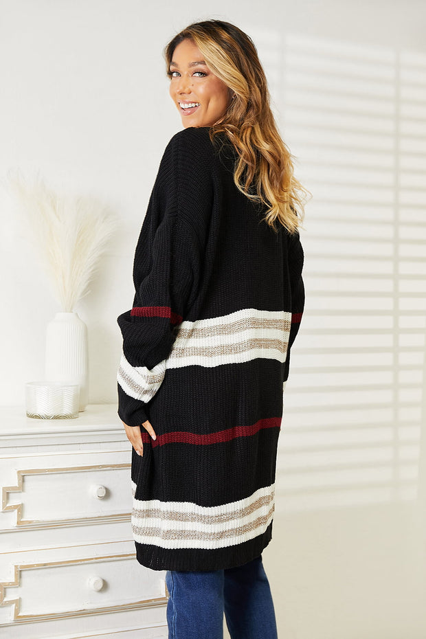 Perfee Striped Rib-Knit Drop Shoulder Open Front Cardigan - Fashionmj