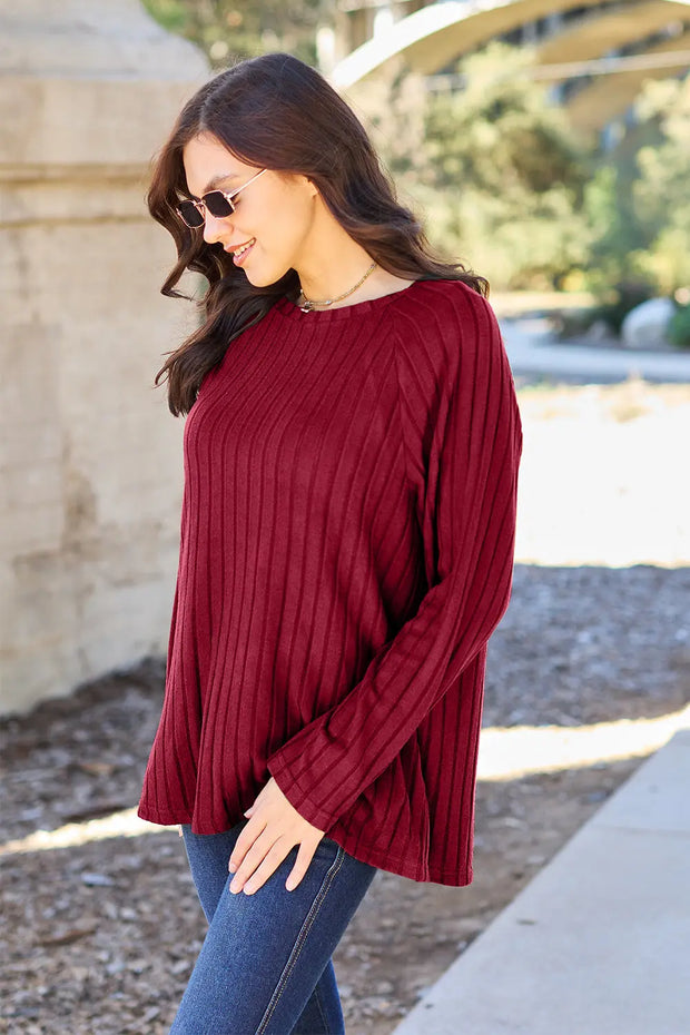 Basic Bae Full Size Ribbed Round Neck Long Sleeve Knit Top - Fashionmj