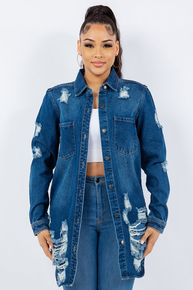 American Bazi Distressed Button Up Long Sleeve Denim Jacket - Fashionmj