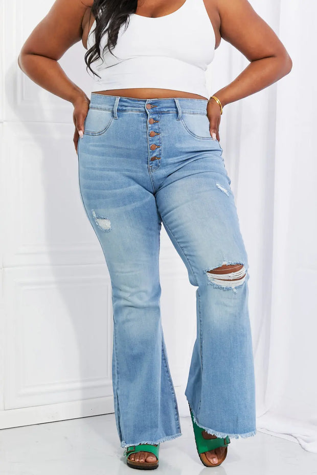 Vibrant MIU Full Size Jess Button Flare Jeans - Fashionmj