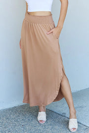 Doublju Comfort Princess Full Size High Waist Scoop Hem Maxi Skirt in Tan - Fashionmj