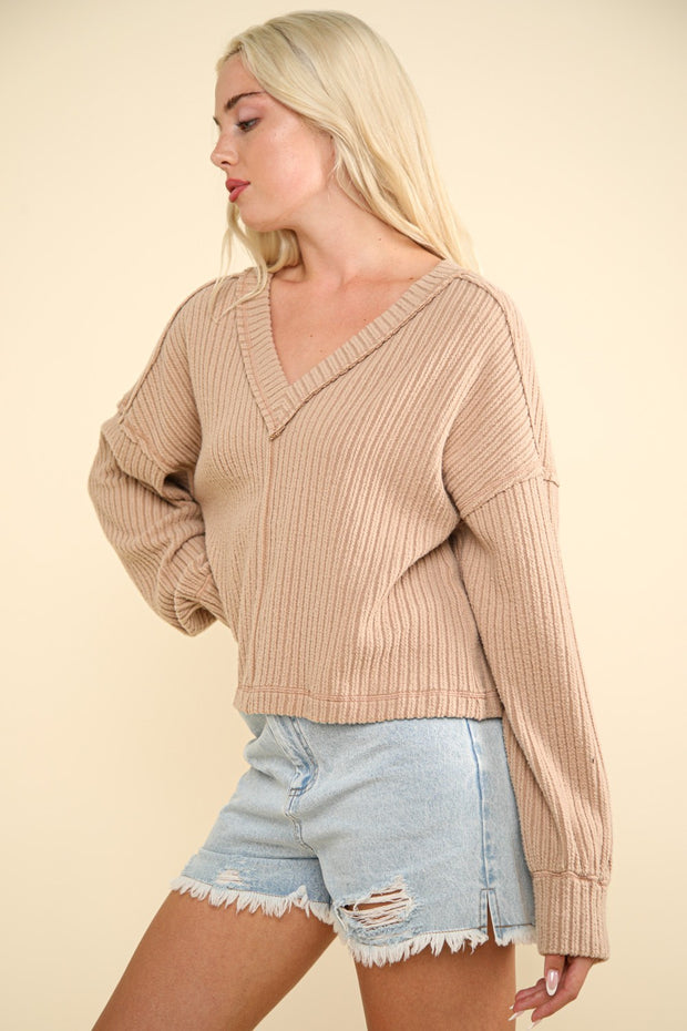 VERY J Exposed Seam V-Neck Ribbed Knit Top - Fashionmj