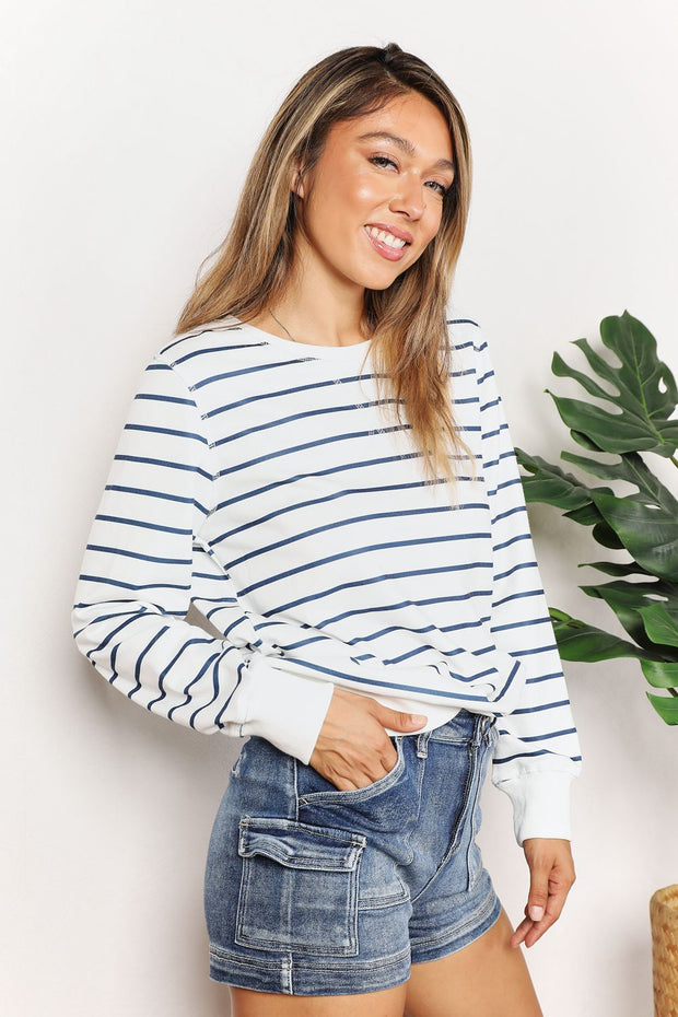 Double Take Striped Long Sleeve Round Neck Top - Fashionmj