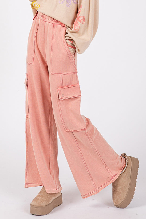 SAGE + FIG Knit Terry Mineral Wash Wide Leg Pants - Fashionmj