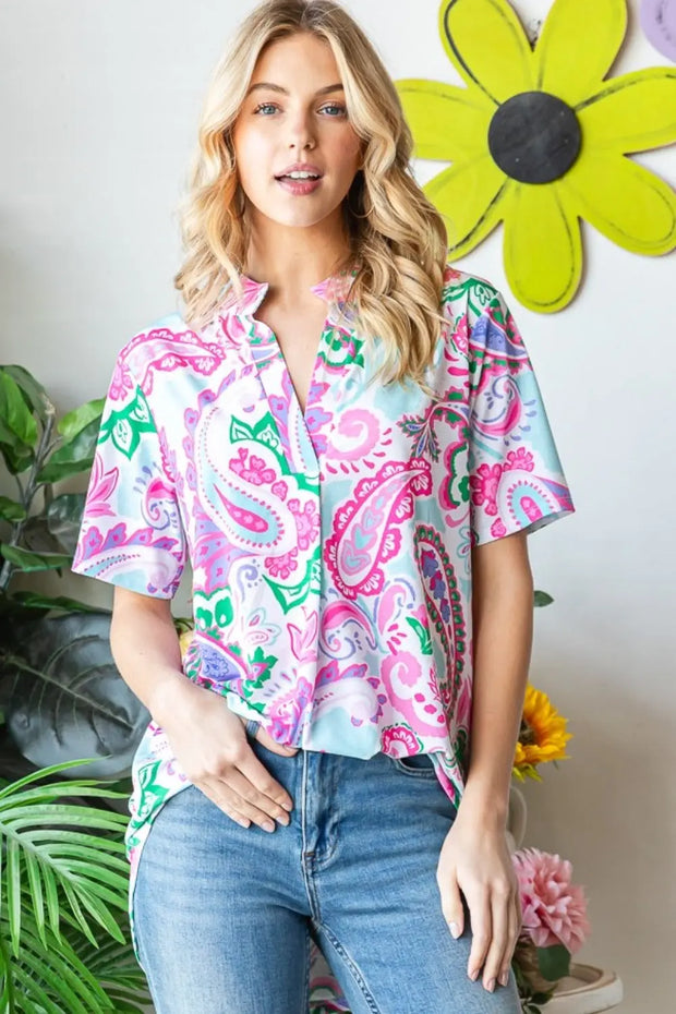 Heimish Full Size Paisley Print Short Sleeve Top - Fashionmj