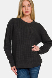 Zenana High Low Long Sleeve Waffle Sweater - Fashionmj