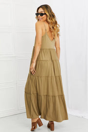 Zenana Full Size Spaghetti Strap Tiered Dress with Pockets in Khaki - Fashionmj