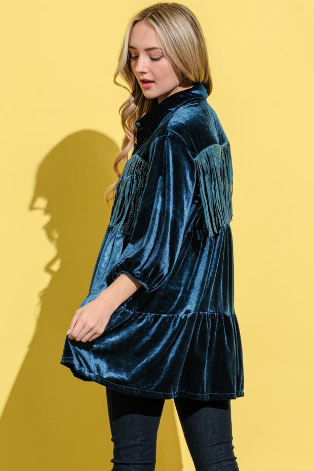 And The Why Fringe Detailed Velvet Shirt Dress - Fashionmj