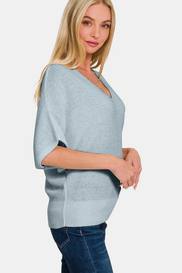 Zenana V-Neck Short Sleeve Dolman Sweater - Fashionmj