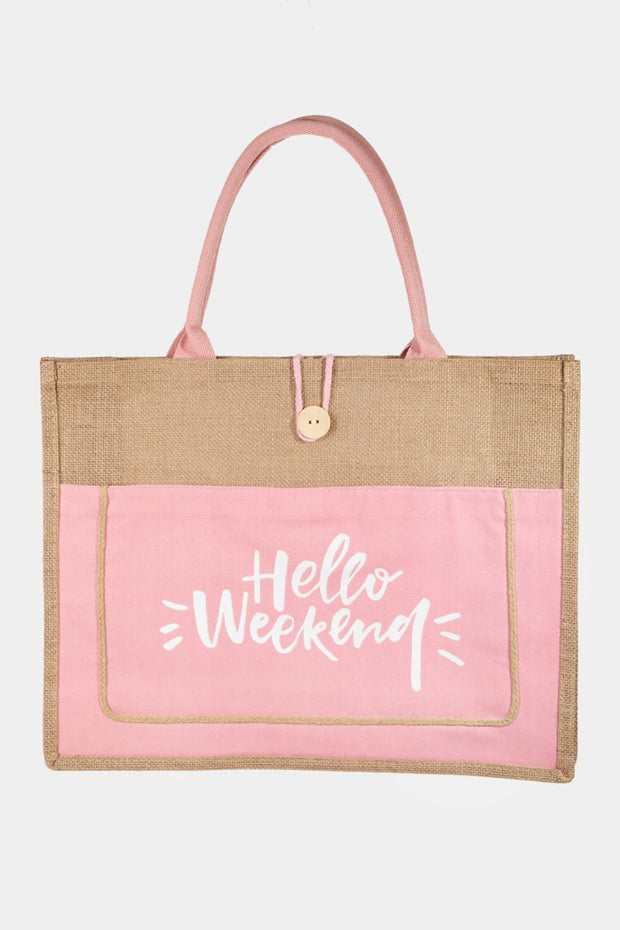 Fame Hello Weekend Burlap Tote Bag - Fashionmj