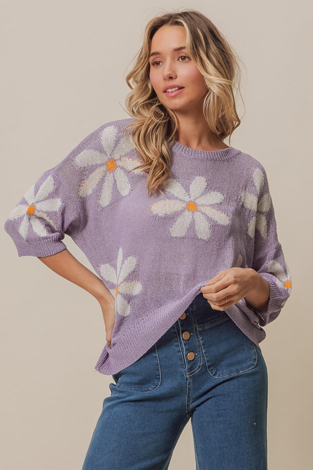 BiBi Floral Pattern Slit Sweater - Fashionmj