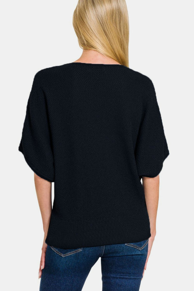 Zenana V-Neck Short Sleeve Dolman Sweater - Fashionmj