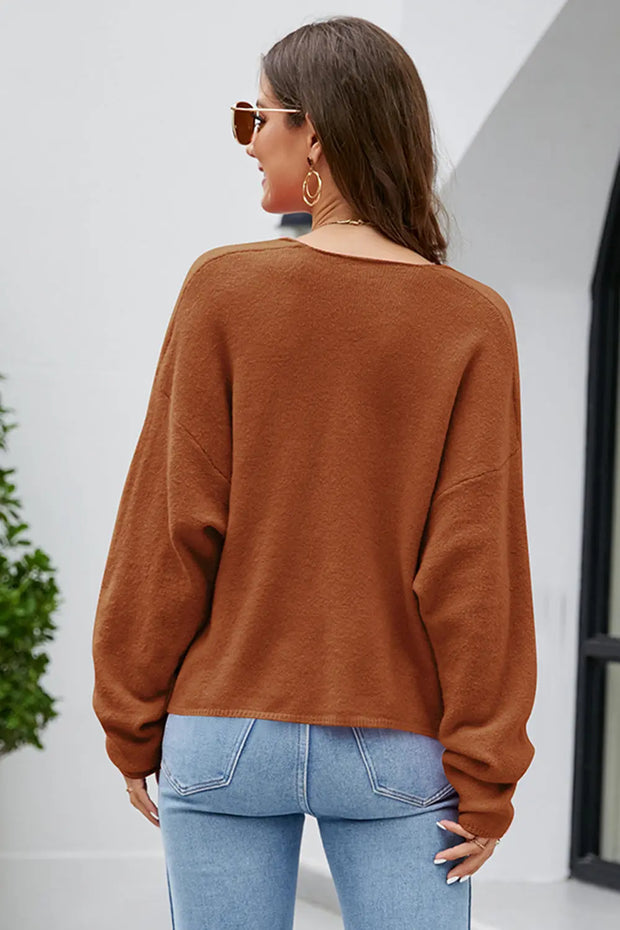 V-Neck Drop Shoulder Long Sleeve Knit Top - Fashionmj