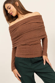 HYFVE Fuzzy Off Shoulder Textured Knit Top - Fashionmj