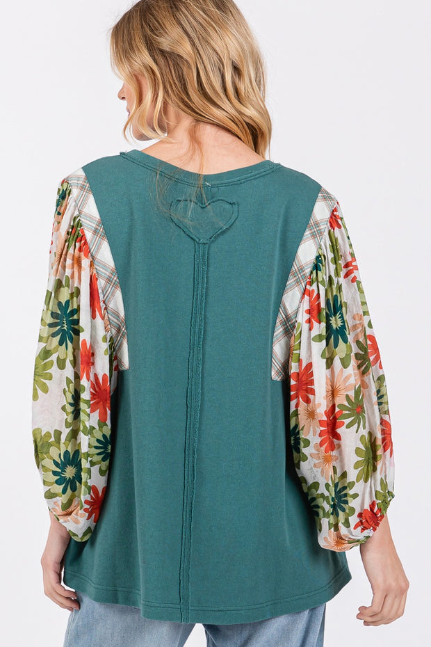 SAGE + FIG Full Size Printed Balloon Sleeve Contrast Top - Fashionmj