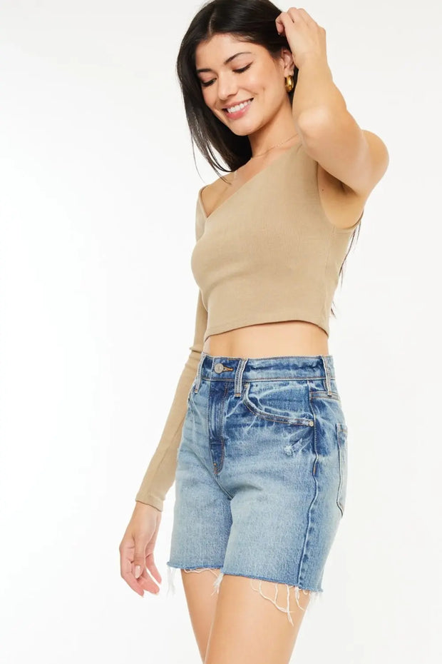 Kancan Full Size Raw Hem High Waist Denim Shorts - Fashionmj