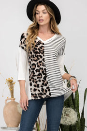 Celeste Full Size Front Leopard and Striped Print V-Neck T-Shirt - Fashionmj