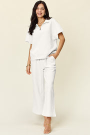 Double Take Full Size Texture Half Zip Short Sleeve Top and Pants Set - Fashionmj