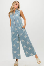 BiBi Star Print Half Zip Sleeveless Denim Jumpsuit