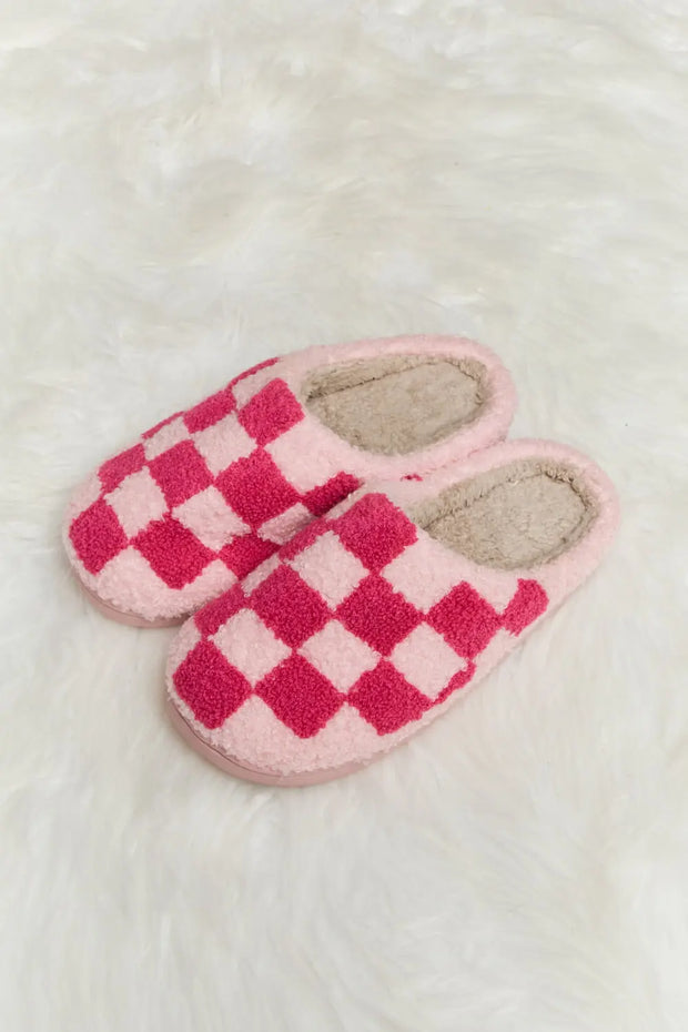 Melody Checkered Print Plush Slide Slippers - Fashionmj