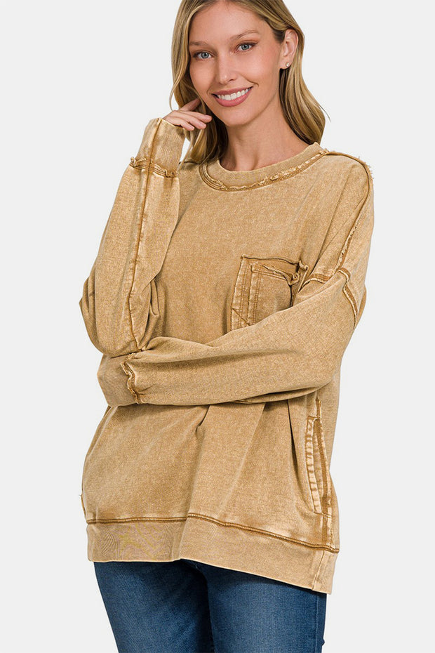 Zenana Exposed Seam Round Neck Dropped Shoulder Sweatshirt - Fashionmj