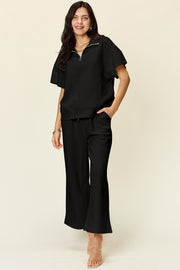 Double Take Full Size Texture Half Zip Short Sleeve Top and Pants Set - Fashionmj