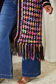 Full Size Multicolored Open Front Fringe Hem Cardigan - Fashionmj