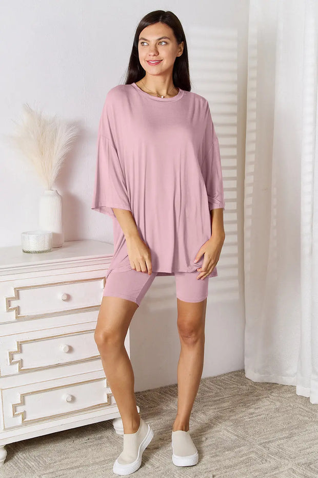 Basic Bae Full Size Soft Rayon Three-Quarter Sleeve Top and Shorts Set - Fashionmj