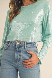 MABLE Shoulder Padded Sequin Crop Top - Fashionmj