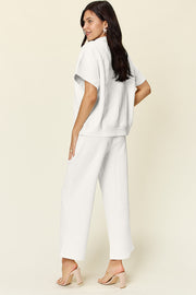 Double Take Full Size Texture Half Zip Short Sleeve Top and Pants Set - Fashionmj