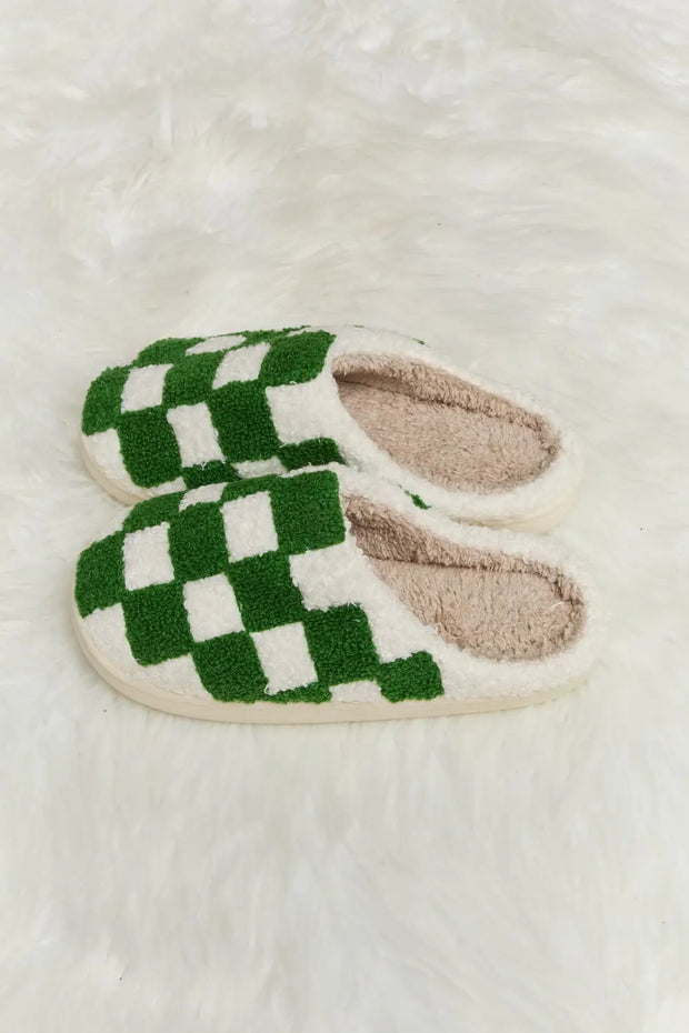 Melody Checkered Print Plush Slide Slippers - Fashionmj