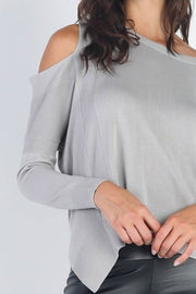 UNIQ Cold Shoulder Long Sleeve Knit Top - Fashionmj