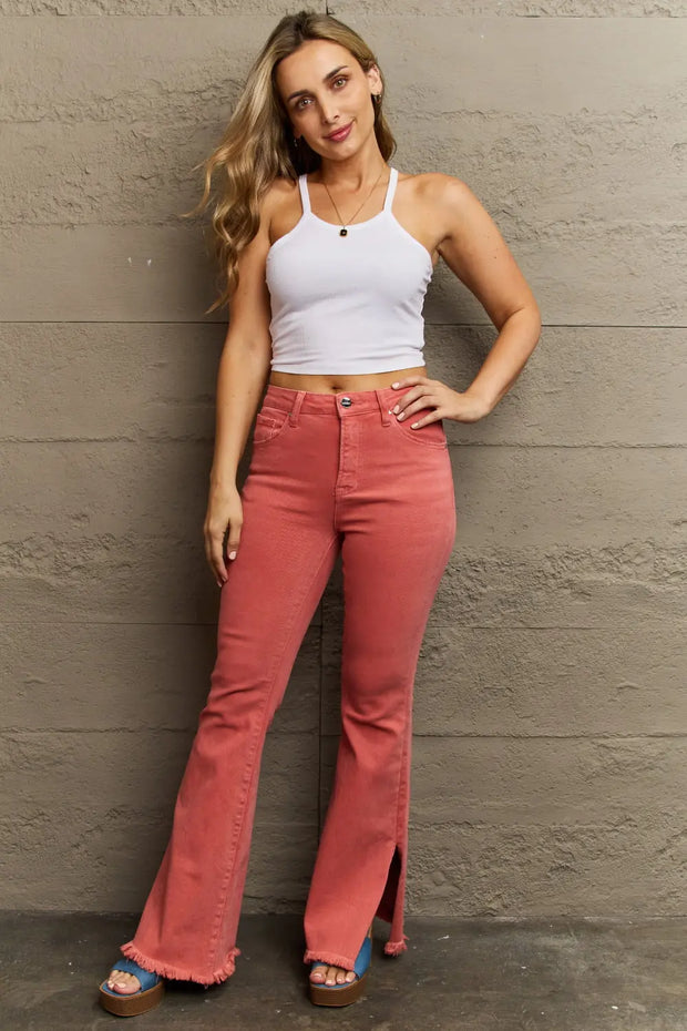 RISEN Bailey Full Size High Waist Side Slit Flare Jeans - Fashionmj