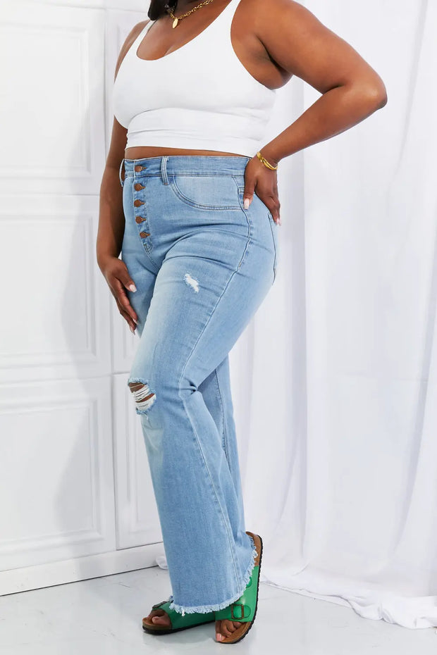 Vibrant MIU Full Size Jess Button Flare Jeans - Fashionmj