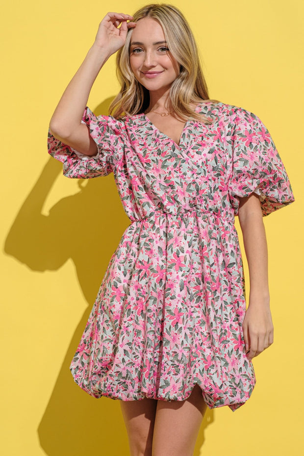 And The Why Full Size Floral Surplice Puff Sleeve Dress - Fashionmj