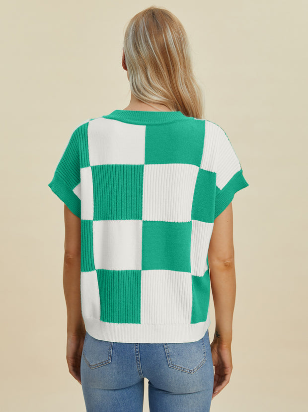 Double Take Full Size Checkered Round Neck Short Sleeve Sweater - Fashionmj