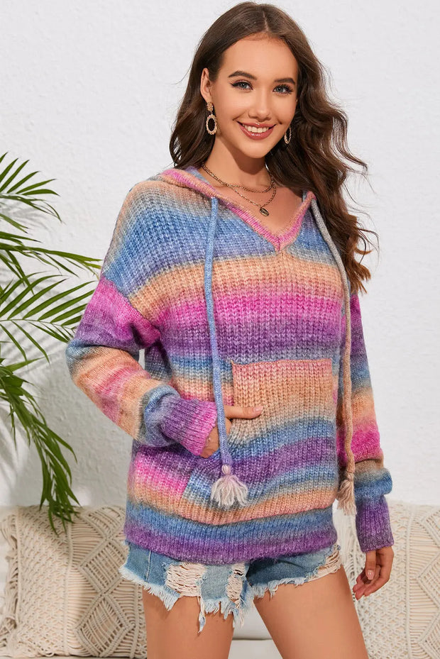 Multicolor Dropped Shoulder Hooded Sweater - Fashionmj