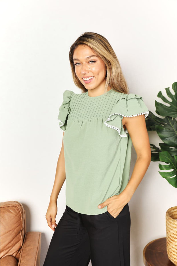 Perfee Pleated Detail Flutter Sleeve Blouse - Fashionmj