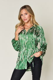 Double Take Full Size Printed Button Up Long Sleeve Shirt - Fashionmj