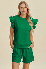 Double Take Full Size Texture Round Neck Ruffle Sleeve Top and Shorts Set - Fashionmj