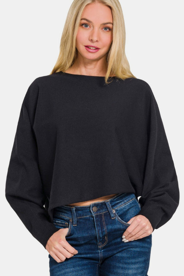 Zenana Asymmetric Hem Long Sleeve Sweater - Fashionmj