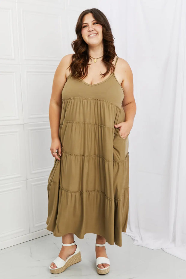 Zenana Full Size Spaghetti Strap Tiered Dress with Pockets in Khaki - Fashionmj