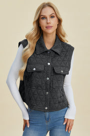 Double Take Full Size Pocketed Texture Snap Down Vest Coat - Fashionmj