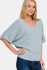 Zenana V-Neck Short Sleeve Dolman Sweater - Fashionmj