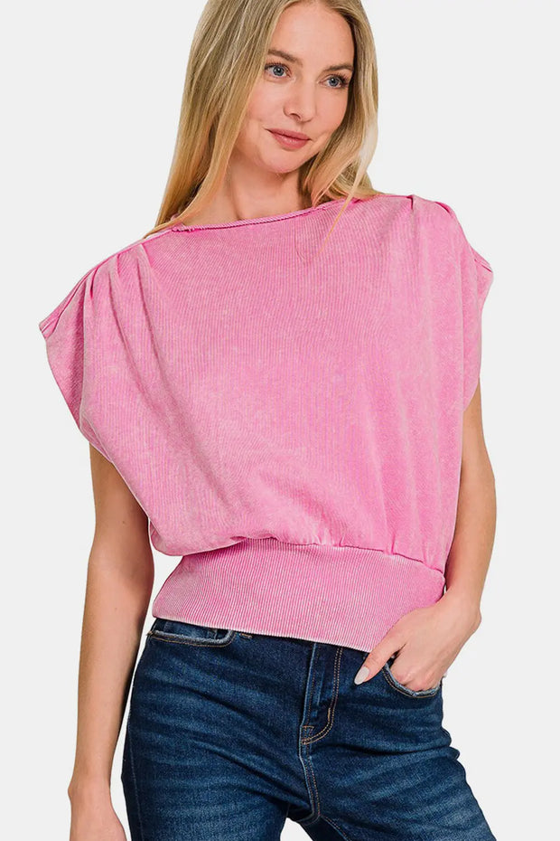 Zenana Washed Boat Neck Bottom Banded Dolman Sleeve Top - Fashionmj