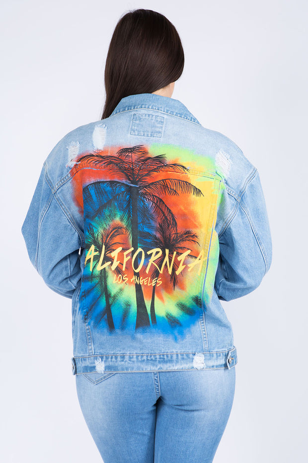 American Bazi Full Size Painted Back Distressed Denim Jacket - Fashionmj