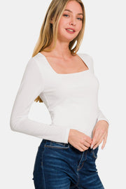 Zenana Square Neck Fitted Long Sleeve T-Shirt - Fashionmj