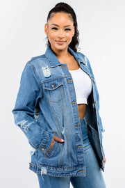 American Bazi Full Size Button Up Distressed Denim Jacket - Fashionmj