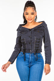 American Bazi Off Shoulder Lace Up Denim Jacket - Fashionmj